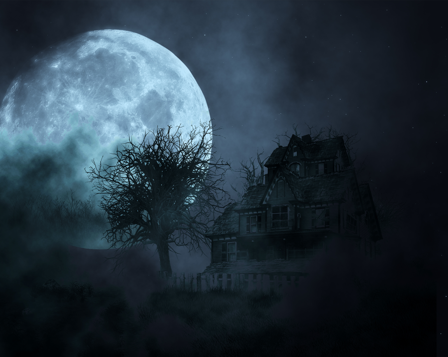 Haunted house under a full moon
